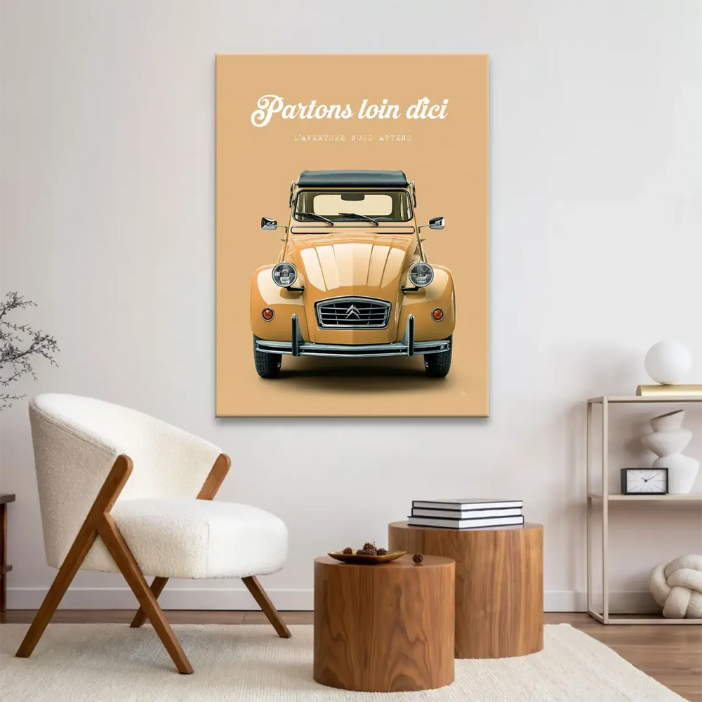 Centered, minimalist car illustration in cream and yellow tones suitable for Scandinavian decor.