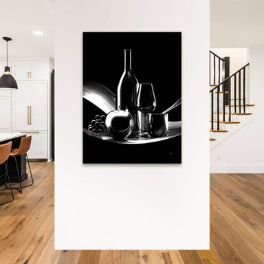 Wine Noir Canvas Art - Monochrome Still Life with Bottle & Grapes - Image 4