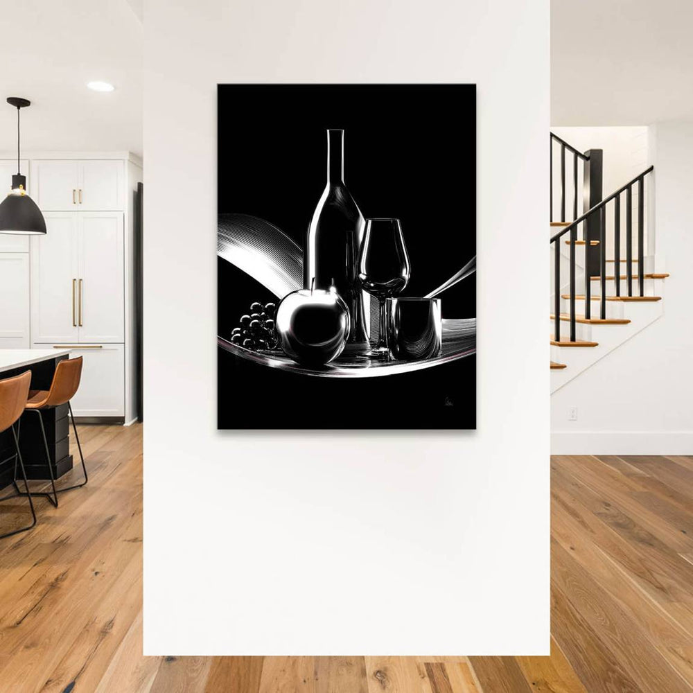 Wine Noir Canvas Art - Monochrome Still Life with Bottle & Grapes - Image 4