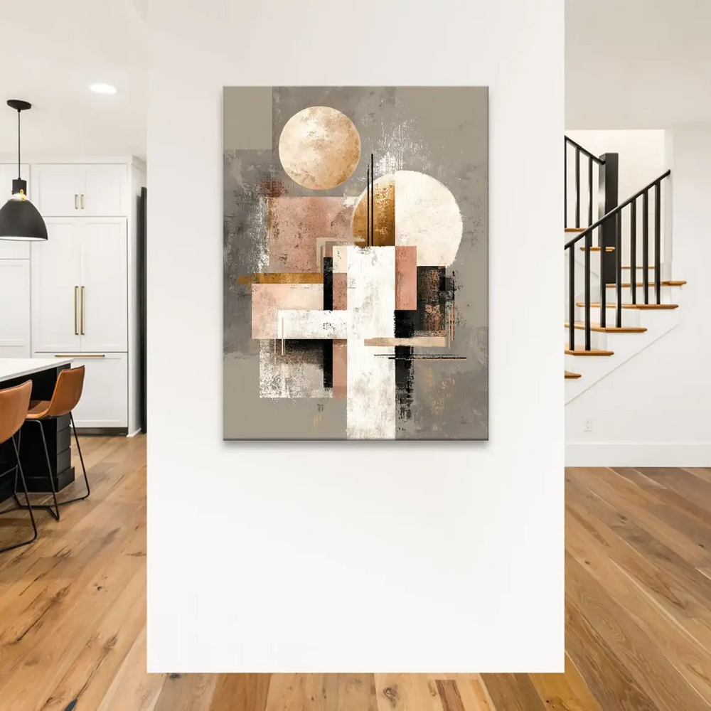 Warm neutral abstract wall art with metallic detailing and painterly texture