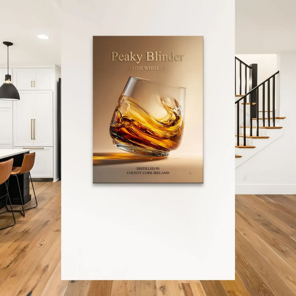 Distilled in County Cork Ireland text on high-end whiskey wall art