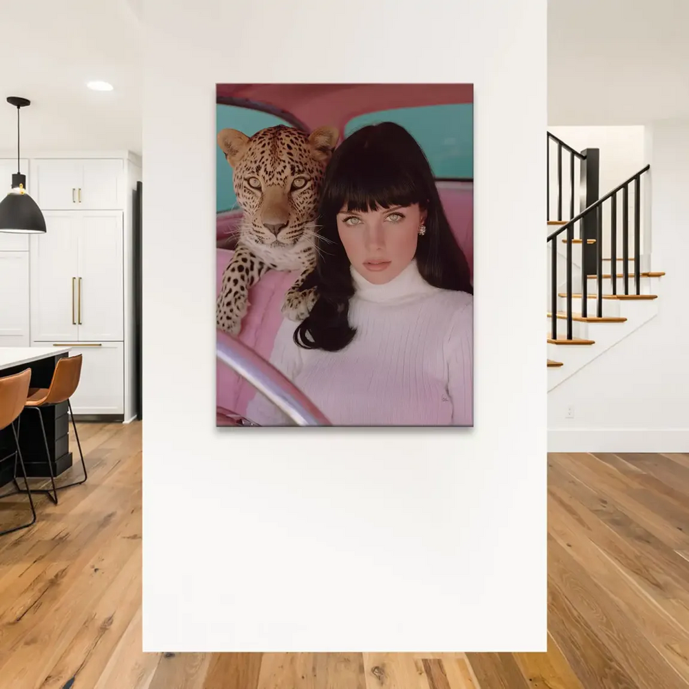 Leopard positioned behind the woman in a retro car setting.