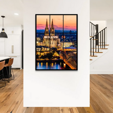 Middle-left panel features the illuminated Hohenzollern Bridge spanning the Rhine with city lights