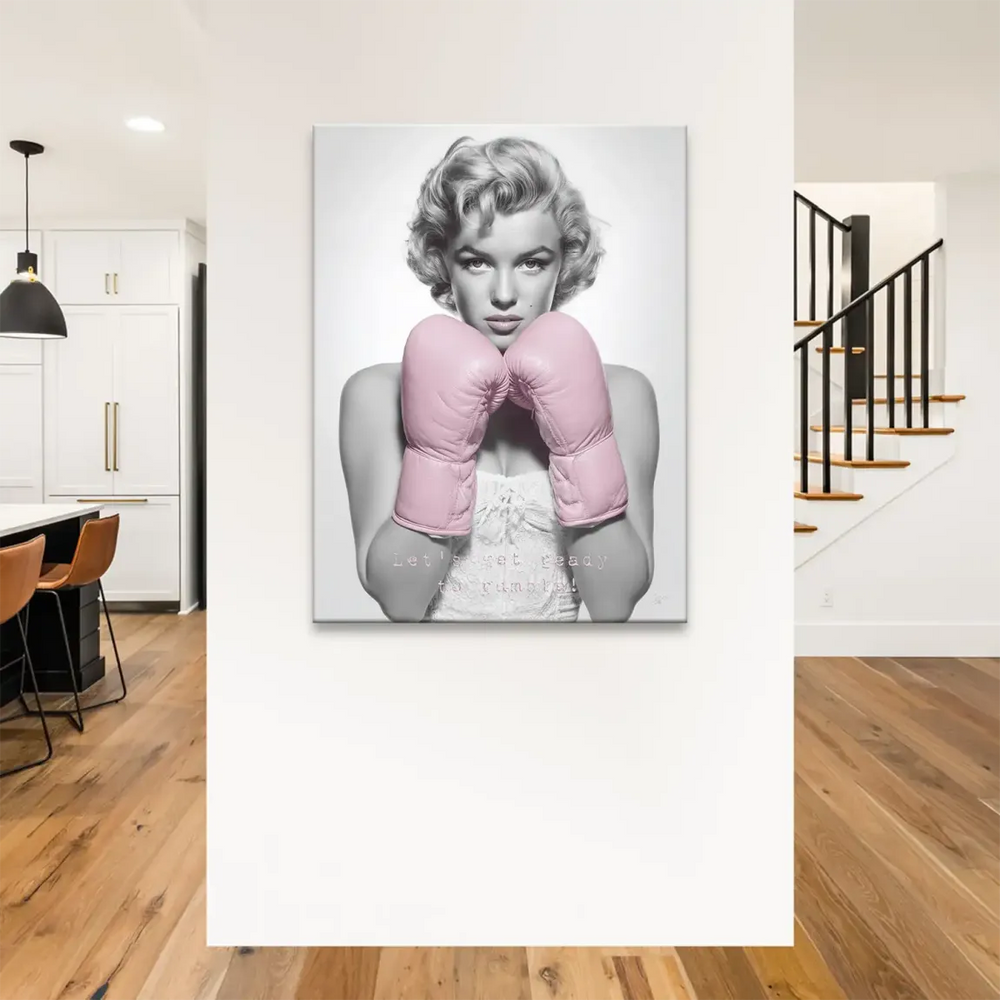 Celebrity portrait canvas wall art of Marilyn Monroe in a boxing pose.