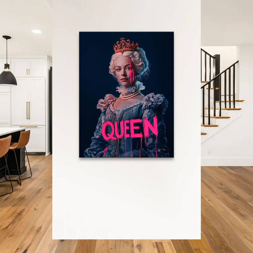 Queen Neon Art canvas print in portrait orientation with vibrant pink graffiti against blue and dark tones