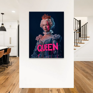 Queen Neon Art canvas print in portrait orientation with vibrant pink graffiti against blue and dark tones