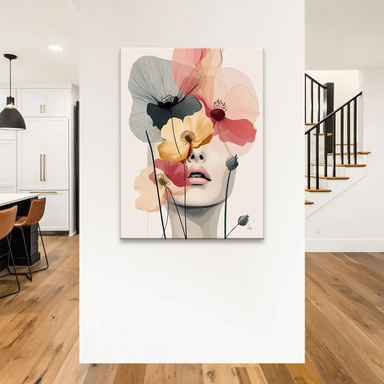Blush pink and peach petals surround a gentle facial profile against a serene cream background.