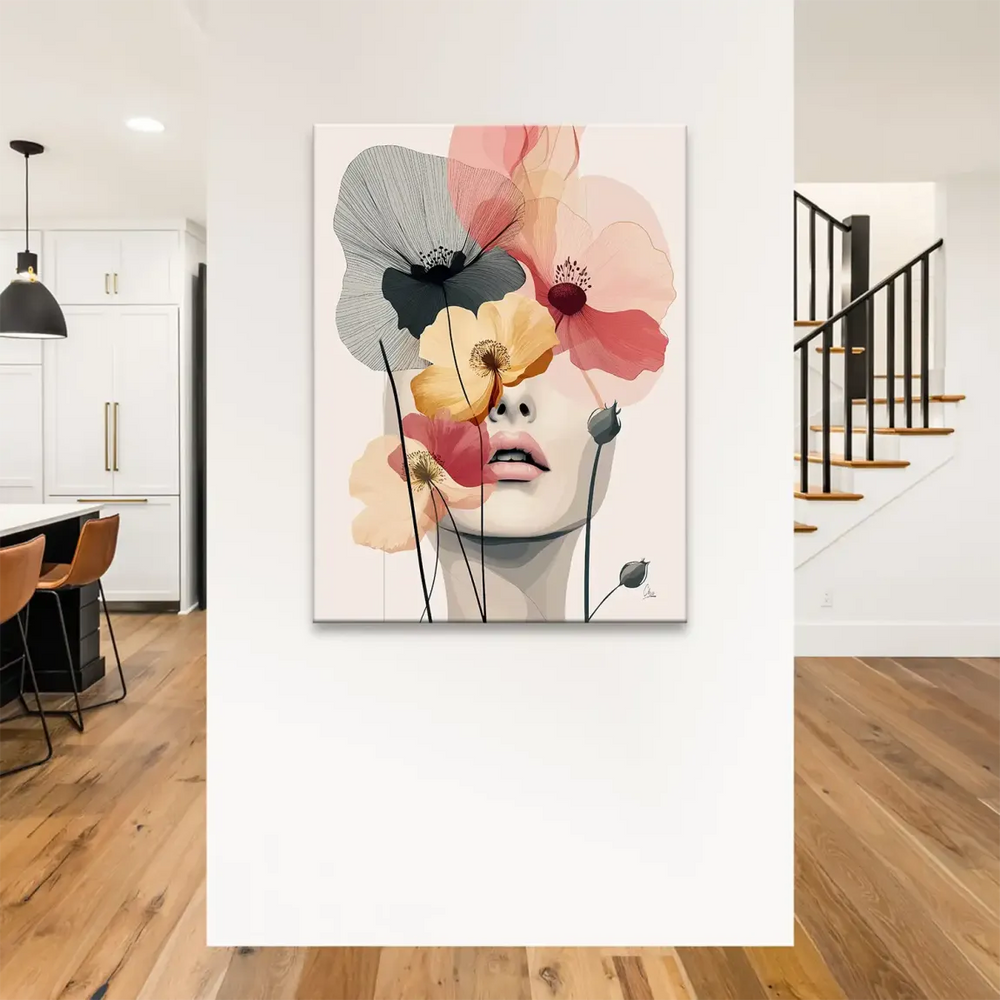 Blush pink and peach petals surround a gentle facial profile against a serene cream background.