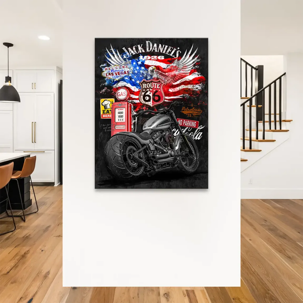 Route 66 sign and American flag integrated into retro pop art composition.