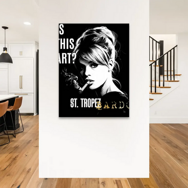 Iconic Bardot portrait holding a lit cigar with IS THIS ART? at the bottom in white and gold