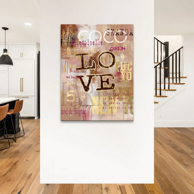 Graffiti-pop art inspired wall decor with gold leaf details and fleur-de-lis motifs in browns, creams, and pinks