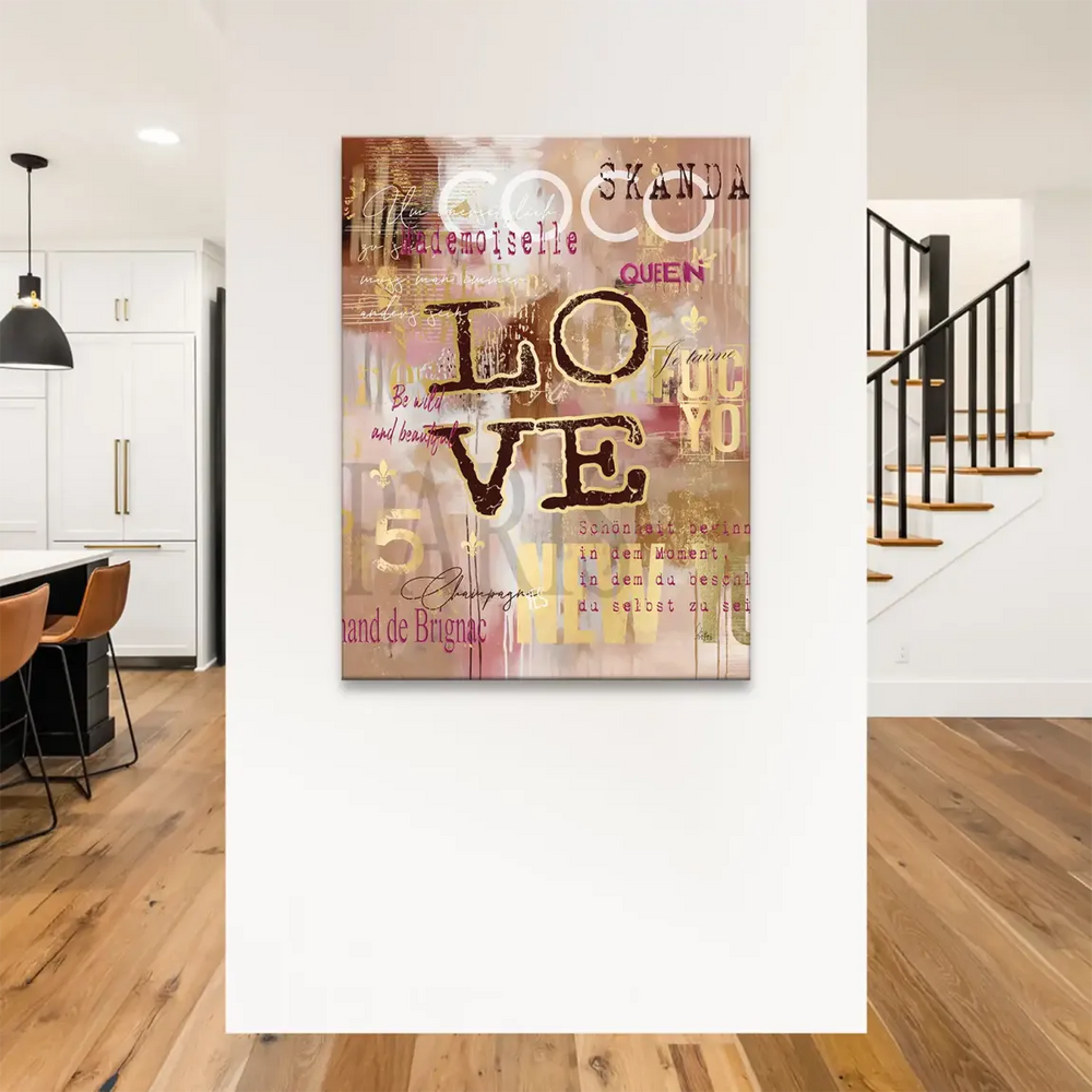 Graffiti-pop art inspired wall decor with gold leaf details and fleur-de-lis motifs in browns, creams, and pinks