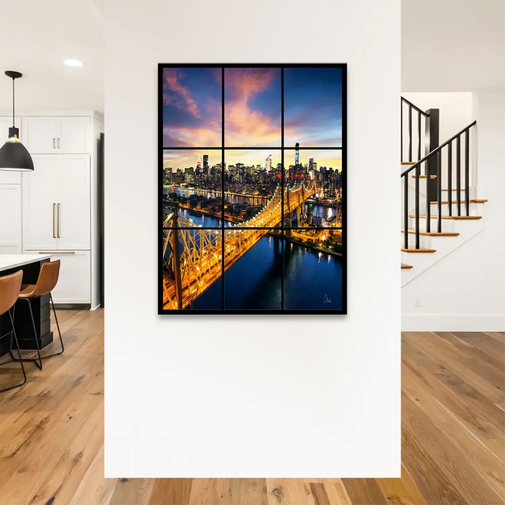 Vibrant sunset tones in orange, yellow, and purple over NYC city lights.