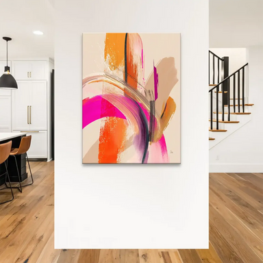Close-up of bold magenta brushstrokes and shimmering gold accents on the Amber Wave canvas