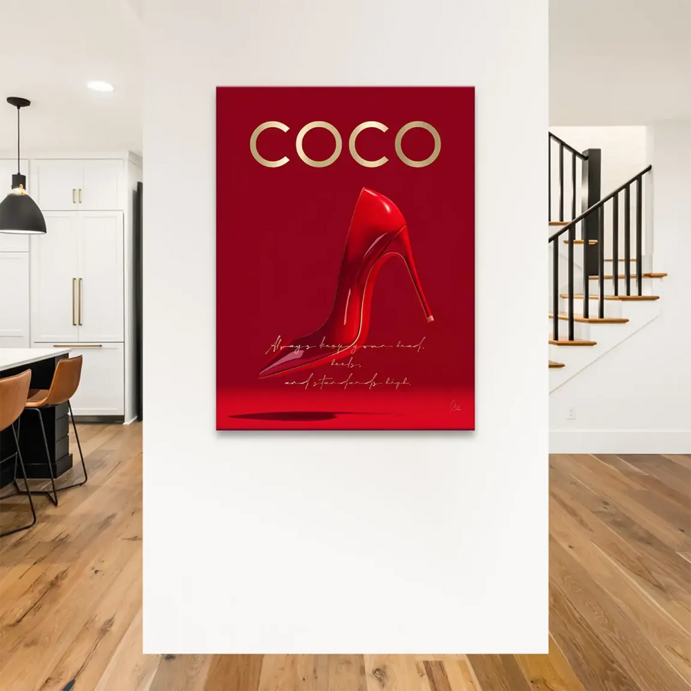 Minimalist fashion wall art featuring a bold red shoe and gold typography.