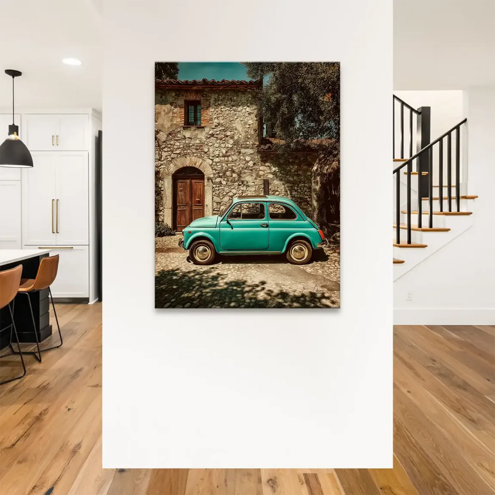 Close-up of the teal Fiat 500 door with weathered stone facade and wooden door in a Tuscan village