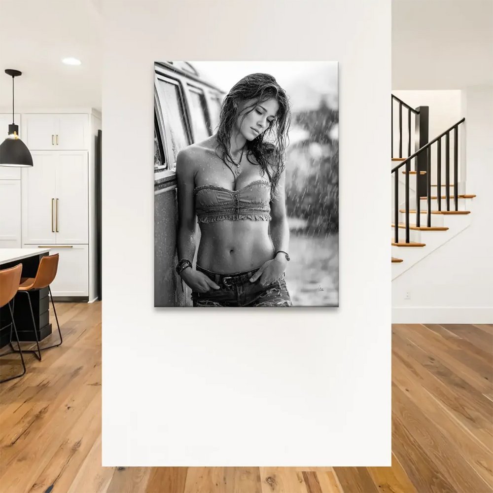 Rainy boho vintage vibe wall art featuring a female figure