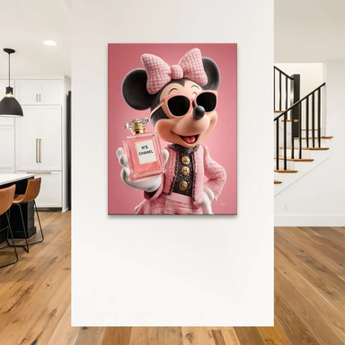 Close-up of Minnie Mouse wearing pink sunglasses against a vivid pink backdrop in a high-fashion canvas.