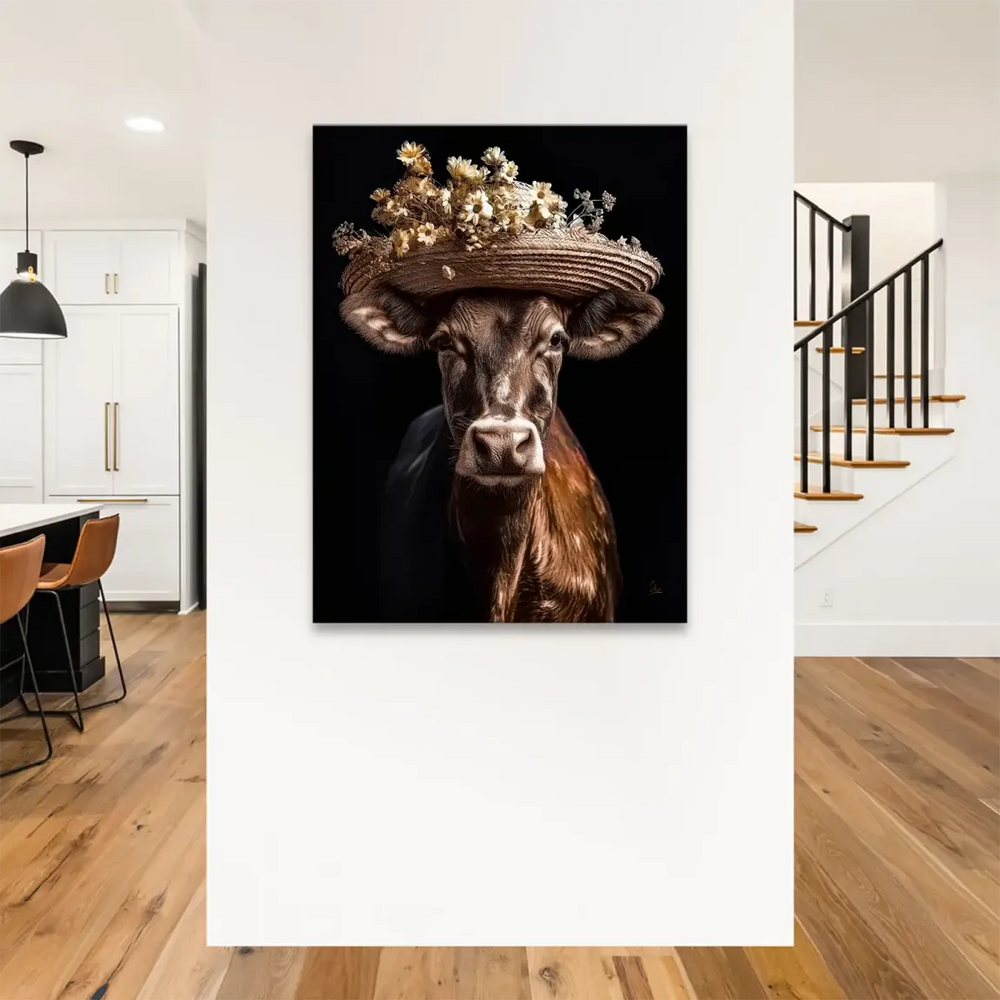 Painterly animal wall art of a cow in a straw hat for farmhouse decor