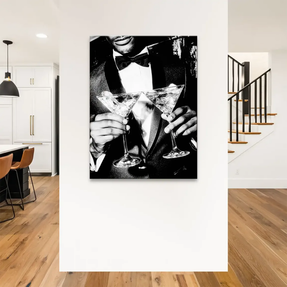 Monochrome portrait focusing on hands and glasses, evoking classic Hollywood glamour and Art Deco style