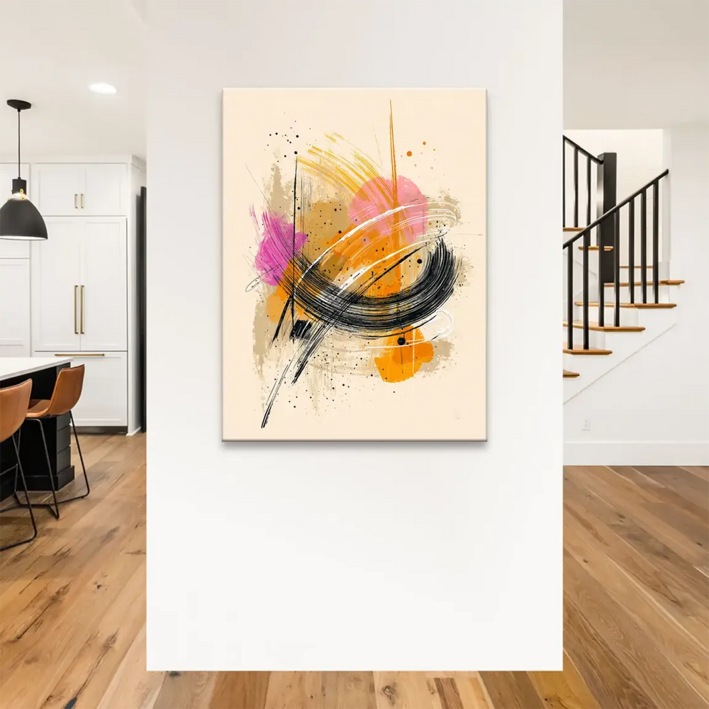 Dynamic abstract canvas painting featuring sweeping lines and splatters in black, white, orange, and pink on beige backdrop