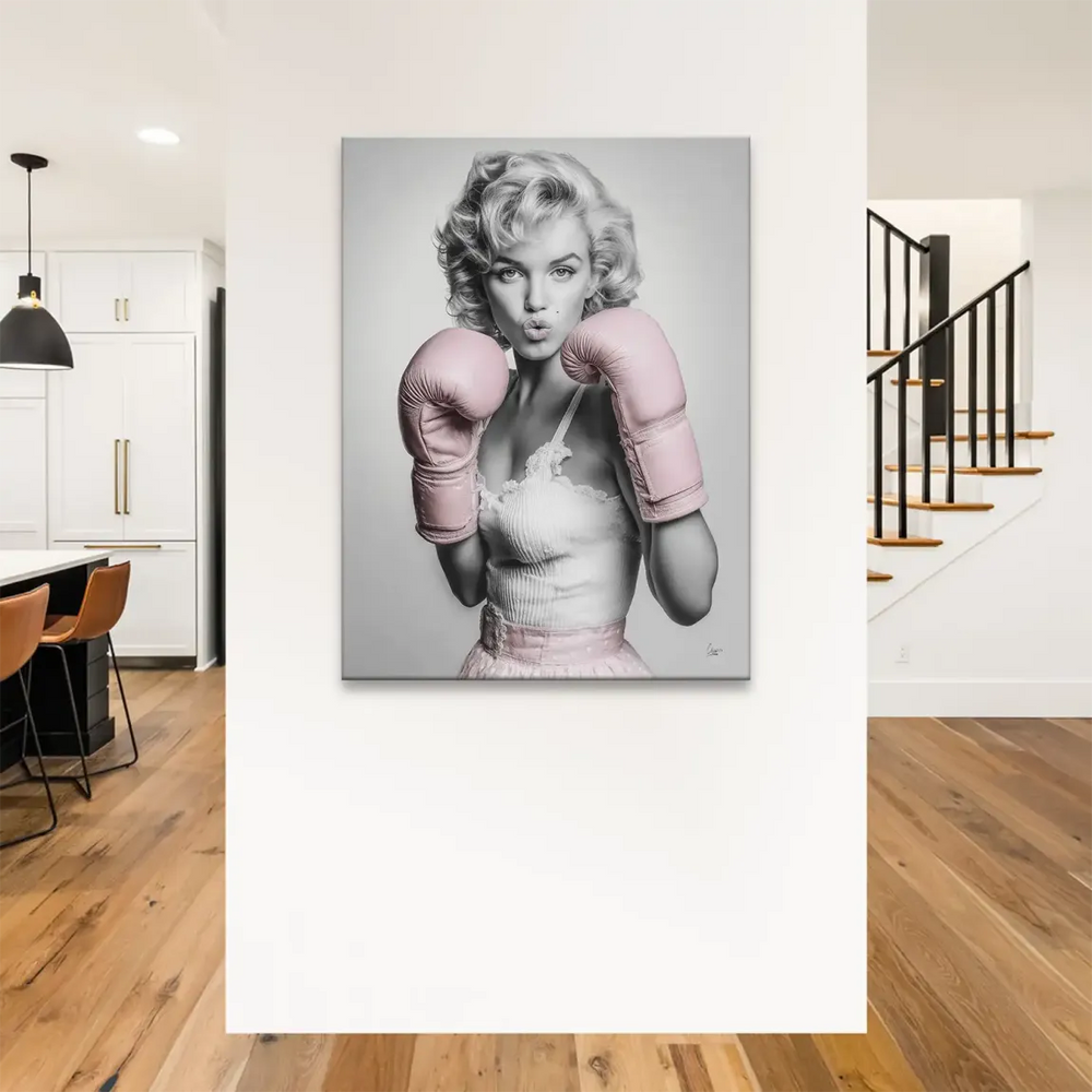 Medium-shot pop art style portrait of Marilyn Monroe with bold pink accessories