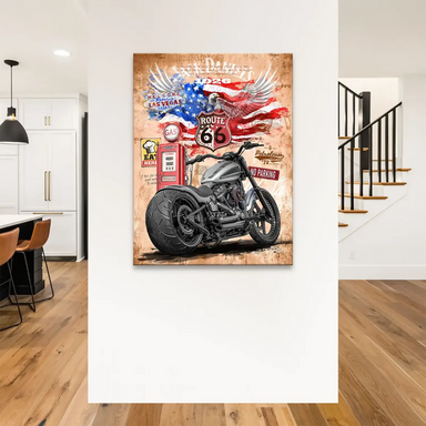 Route 66 shield and Las Vegas sign appear in Americana canvas wall art with retro vibe