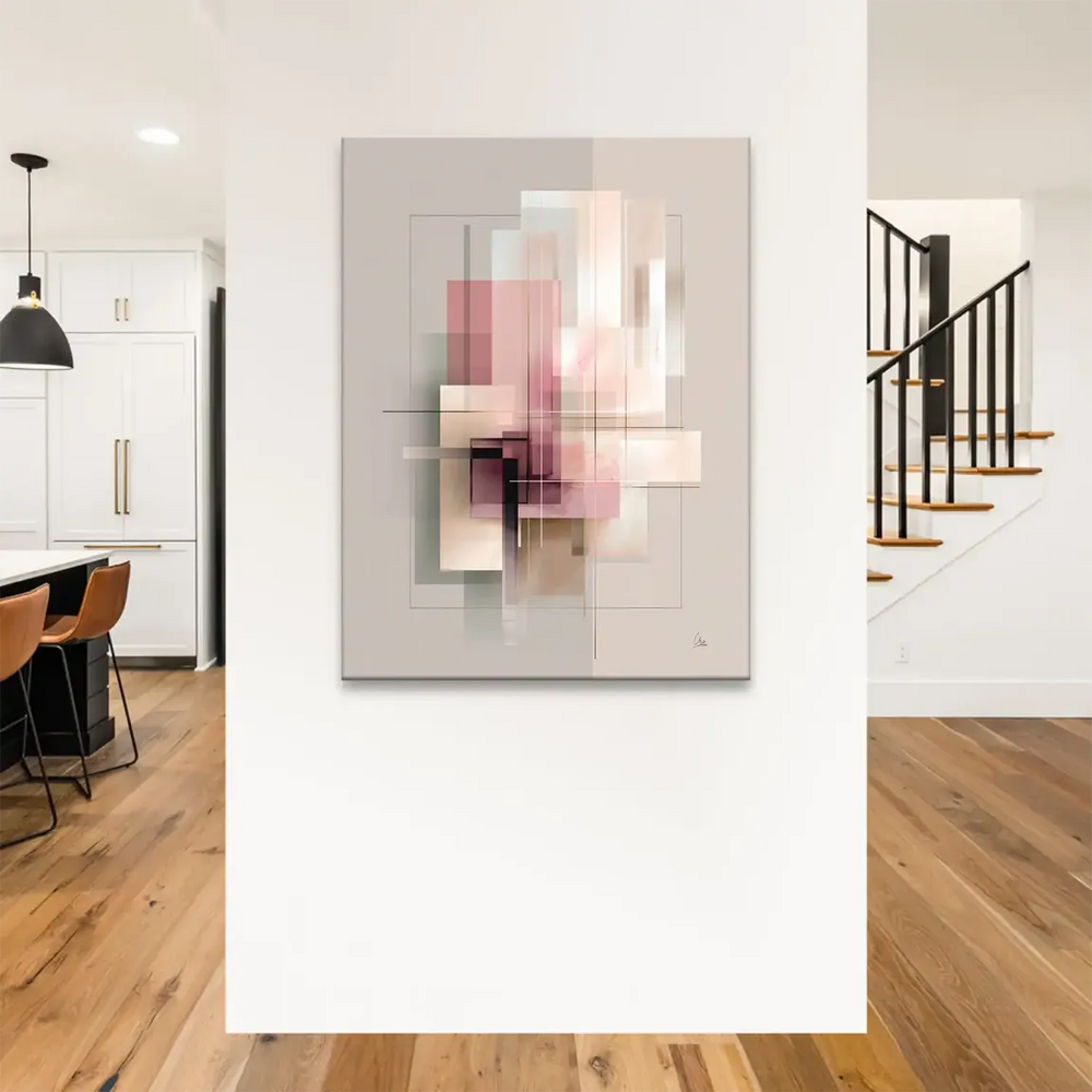 Close-up of overlapping geometric shapes and subtle color transitions in the canvas print.