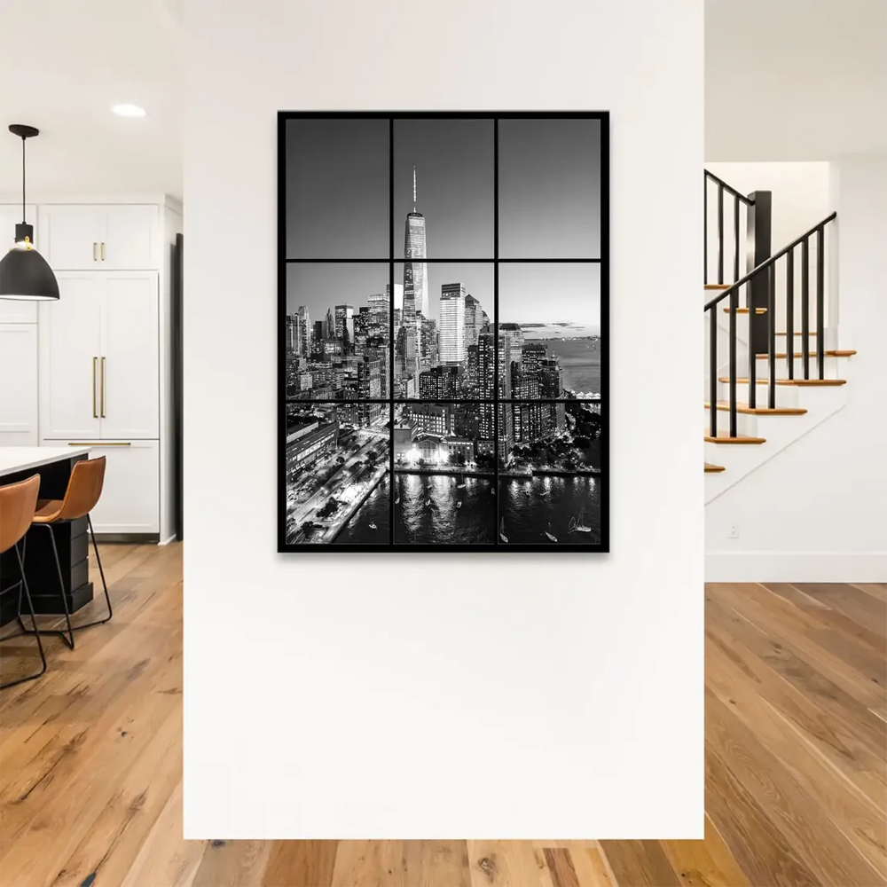 Another panel highlighting tall glass skyscrapers and glowing windows along the NYC waterfront.