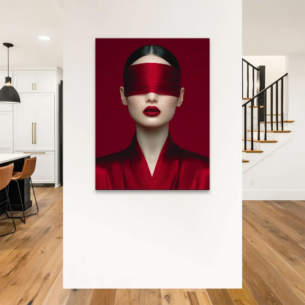 High-fashion portrait on canvas with deep red tones and bold lips