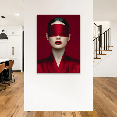 High-fashion portrait on canvas with deep red tones and bold lips