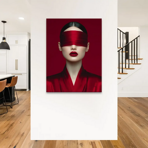 High-fashion portrait on canvas with deep red tones and bold lips