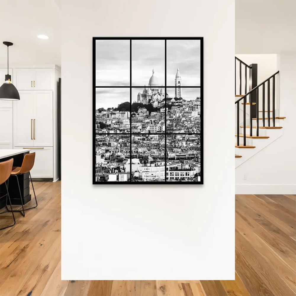 Iconic Parisian architecture and skyline in moody black-and-white tones.