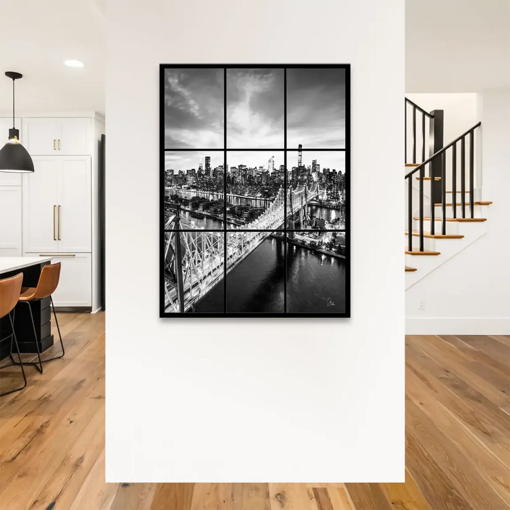 High-angle night cityscape with a bright bridge and skyline spread across multiple panels.