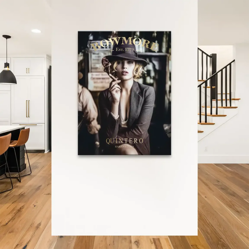 Portrait-style canvas wall art suitable for a home bar, study or living room in a muted grey-brown palette with gold accents