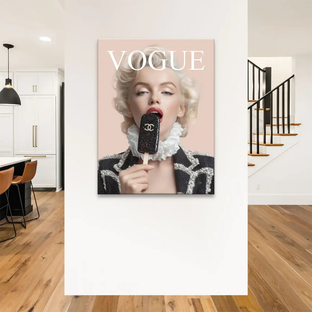 Glamorous fashion wall art showing Marilyn Monroe with pearls, ruffled collar, and a black-and-white palette