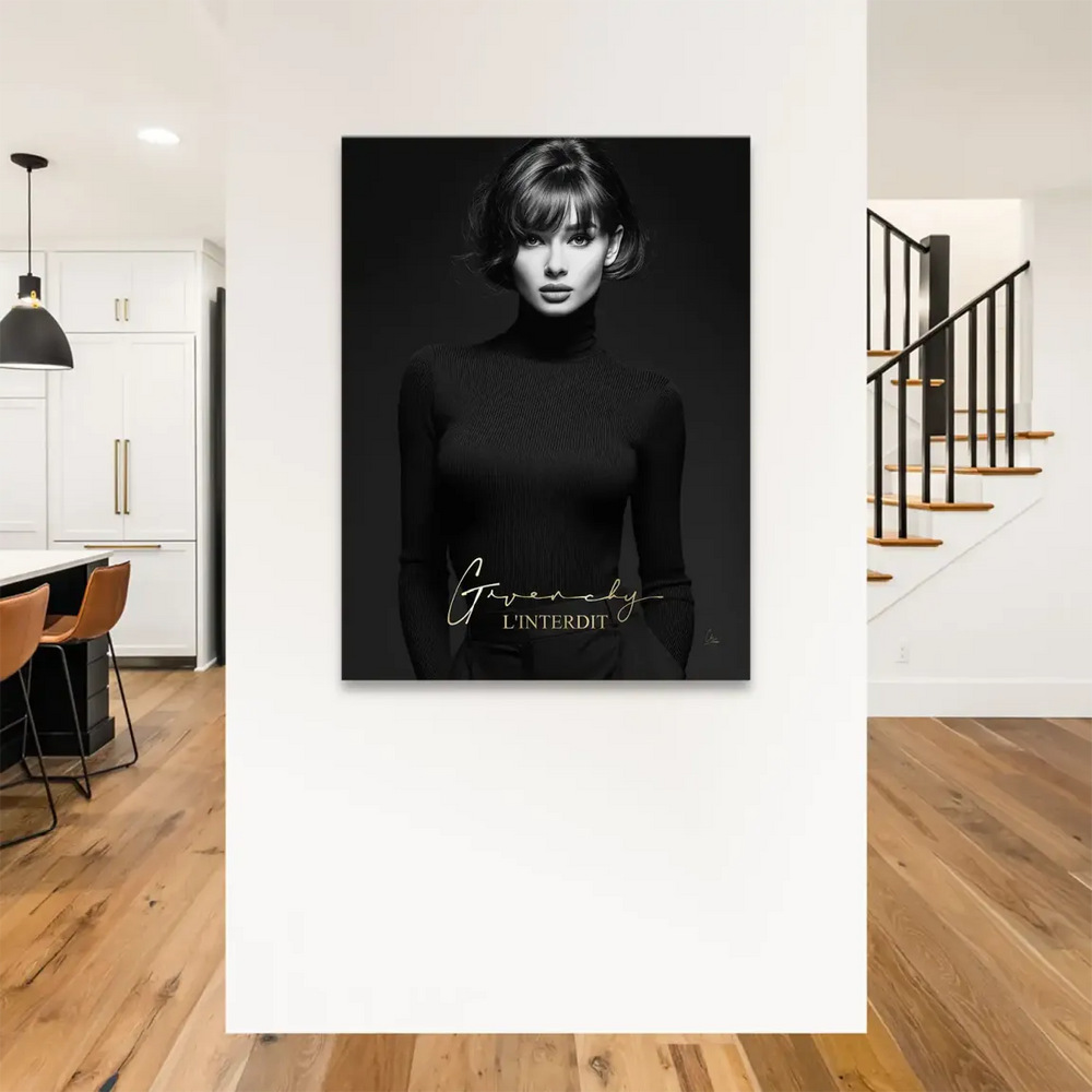 Monochrome fashion wall art featuring Audrey Hepburn-inspired elegance and gold L'INTERDIT text