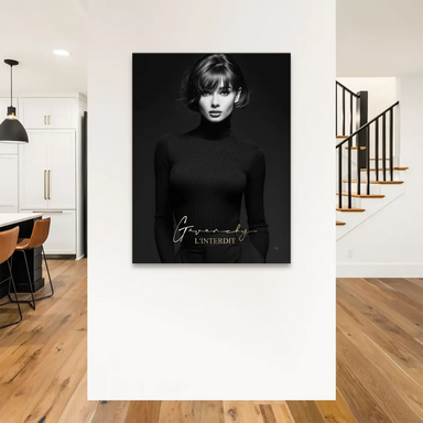Monochrome fashion wall art featuring Audrey Hepburn-inspired elegance and gold L'INTERDIT text