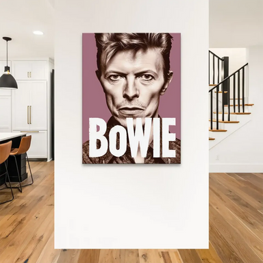 Sepia-toned facial features and a patterned shirt rendered in Bowie's canvas portrait