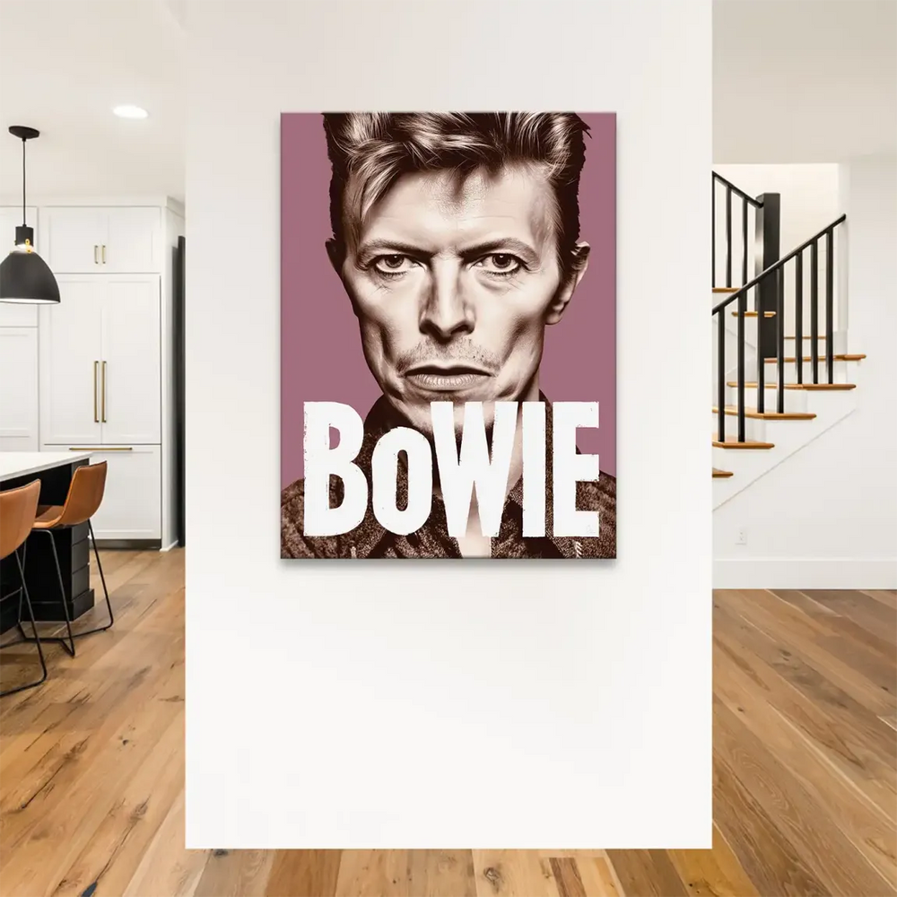 Sepia-toned facial features and a patterned shirt rendered in Bowie's canvas portrait