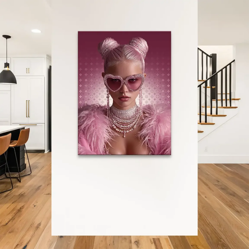 Luxurious pink textures and silver accents complementing the Glamour Girl fashion wall art