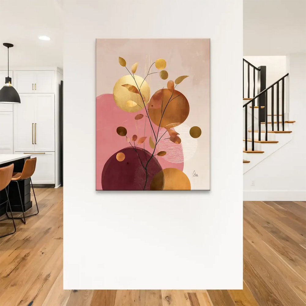 Abstract composition featuring circular shapes and earthy tones with a botanical influence.