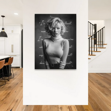 Monochrome canvas wall art featuring a Marilyn Monroe-inspired figure against a dark textured background