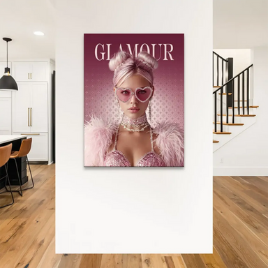 Pink fashion canvas print with glossy textures and high-fashion styling.