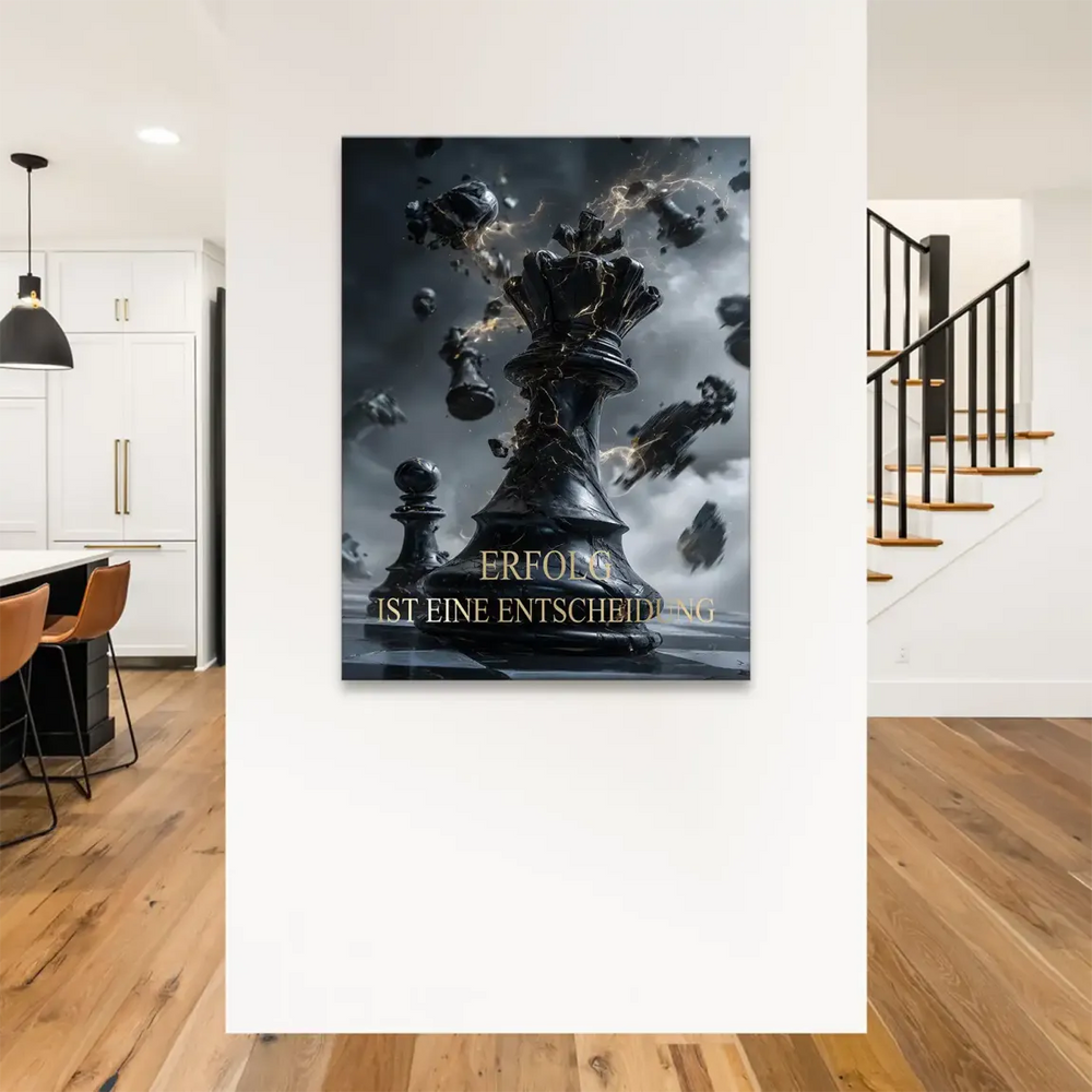 Shattered chess pieces float in a moody grey and black atmosphere with luminous gold accents