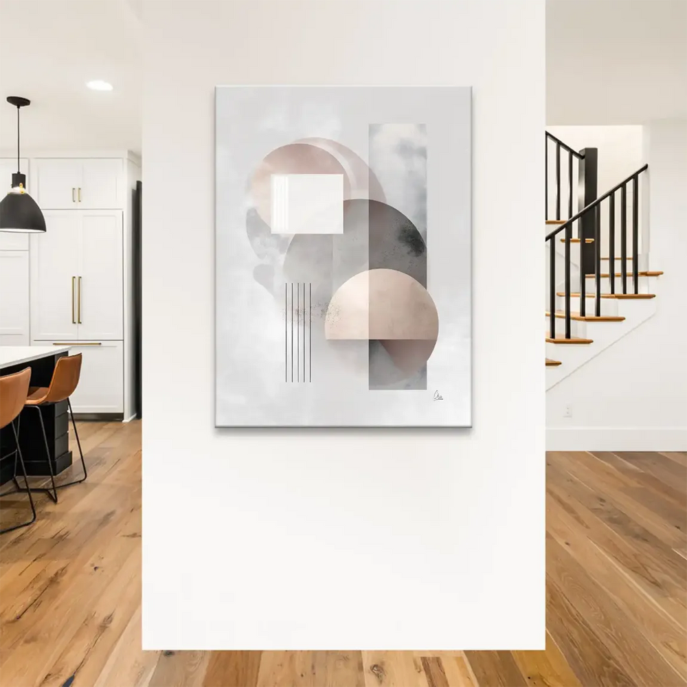 Abstract wall art featuring a calm minimalist composition of circles and rectangles in muted colors.