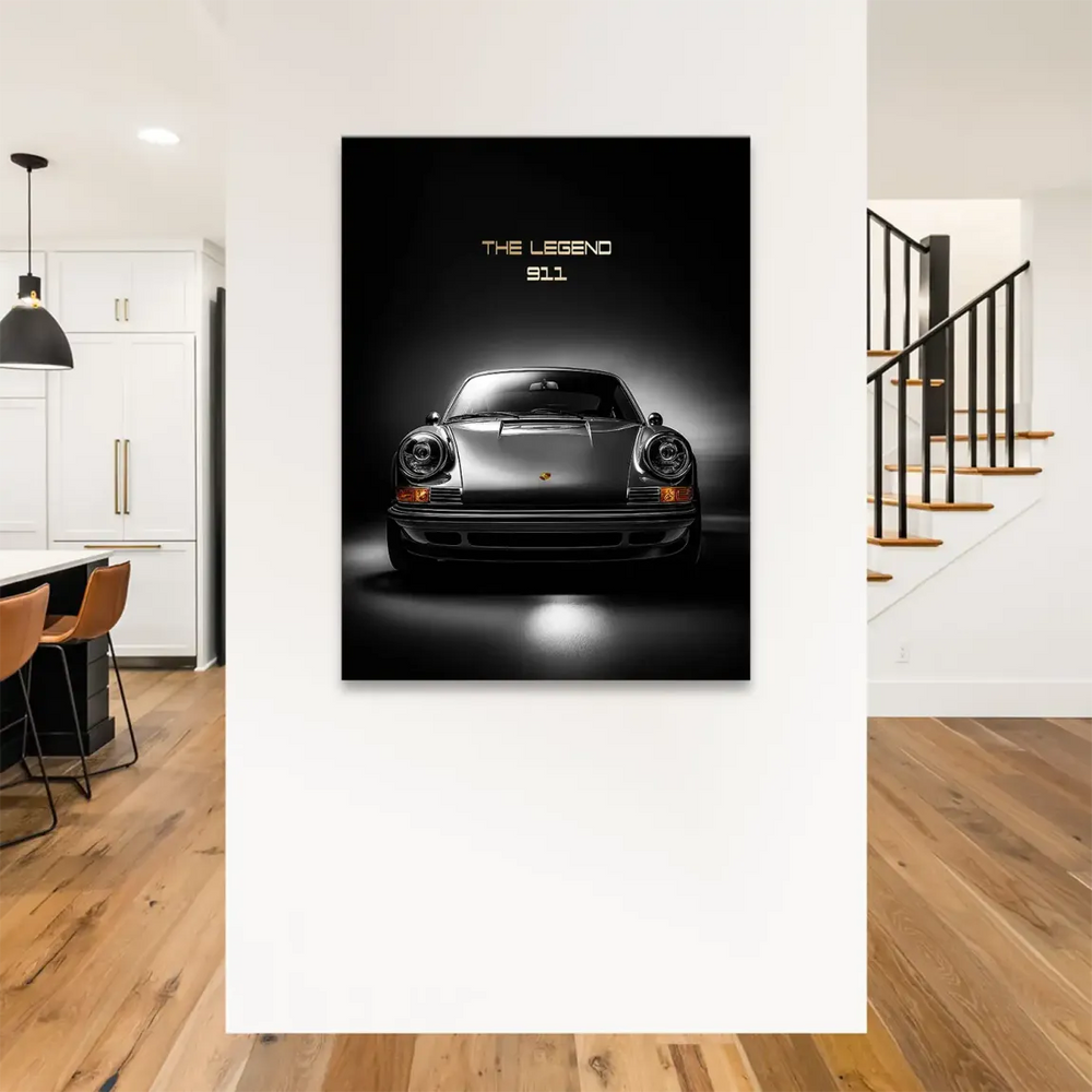 Classic car wall art showing a black and gray Porsche 911 with amber turn signals