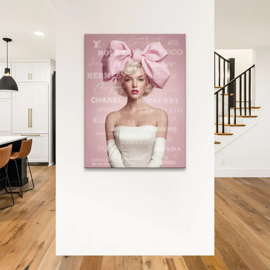Portrait of Marilyn Monroe with blonde curls, blue eyes, and pink lips in a glam pop art style.