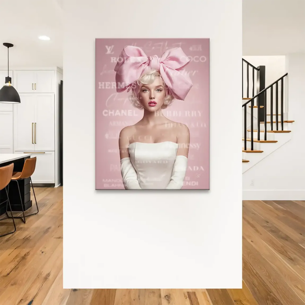 Portrait of Marilyn Monroe with blonde curls, blue eyes, and pink lips in a glam pop art style.