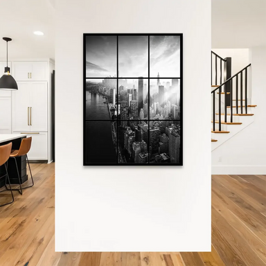 Second panel extending the skyline with additional towers and urban grid in black and white